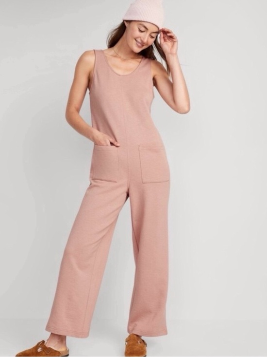 Old Navy Pants - Old Navy Pink Sleeveless Fleece Lounge Jumpsuit Wide Leg Pockets XL Cotton Blend